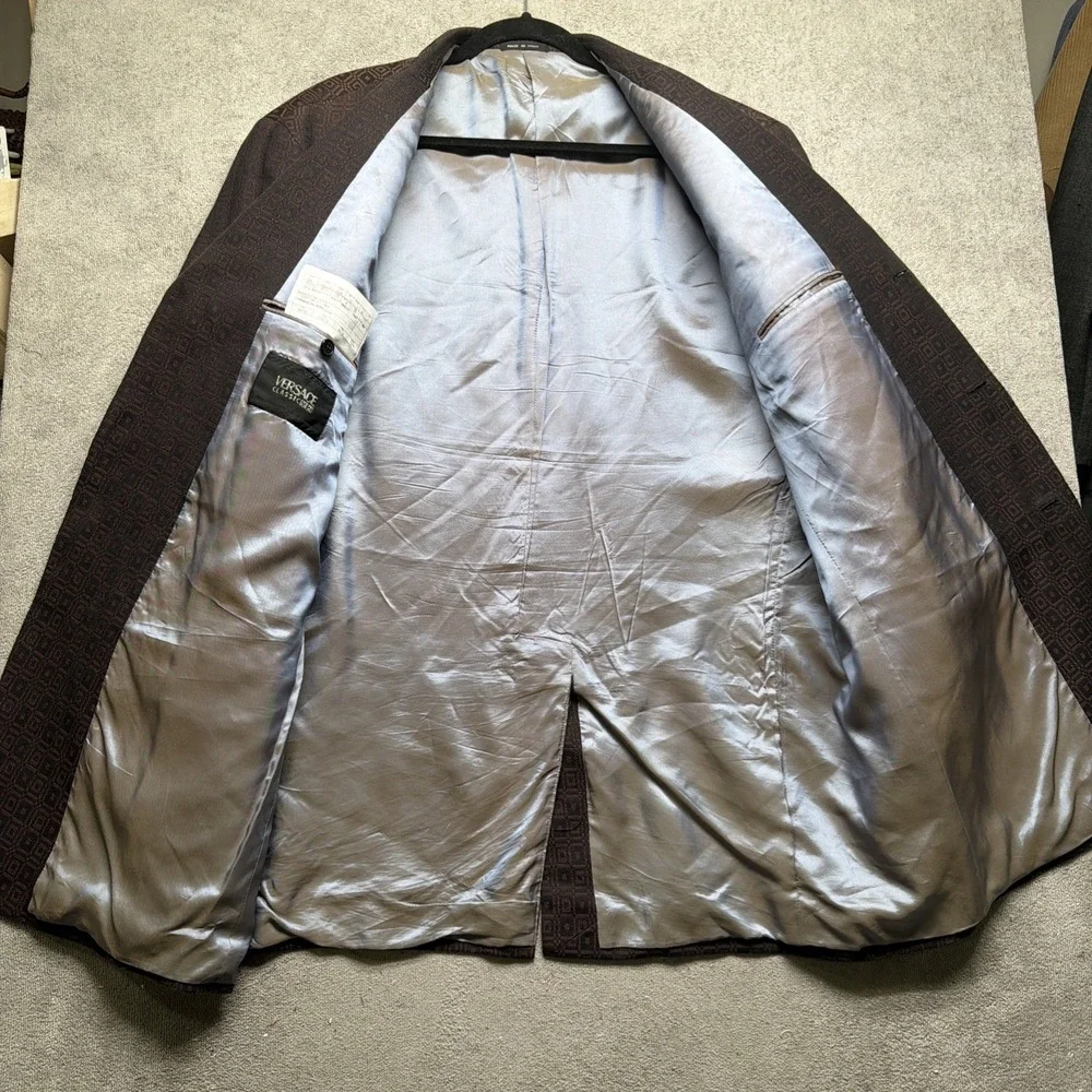 Versace Suit Brown Geometric Linen Blend Classic Fit Italian Two Piece 42L - Picture 6 of 16